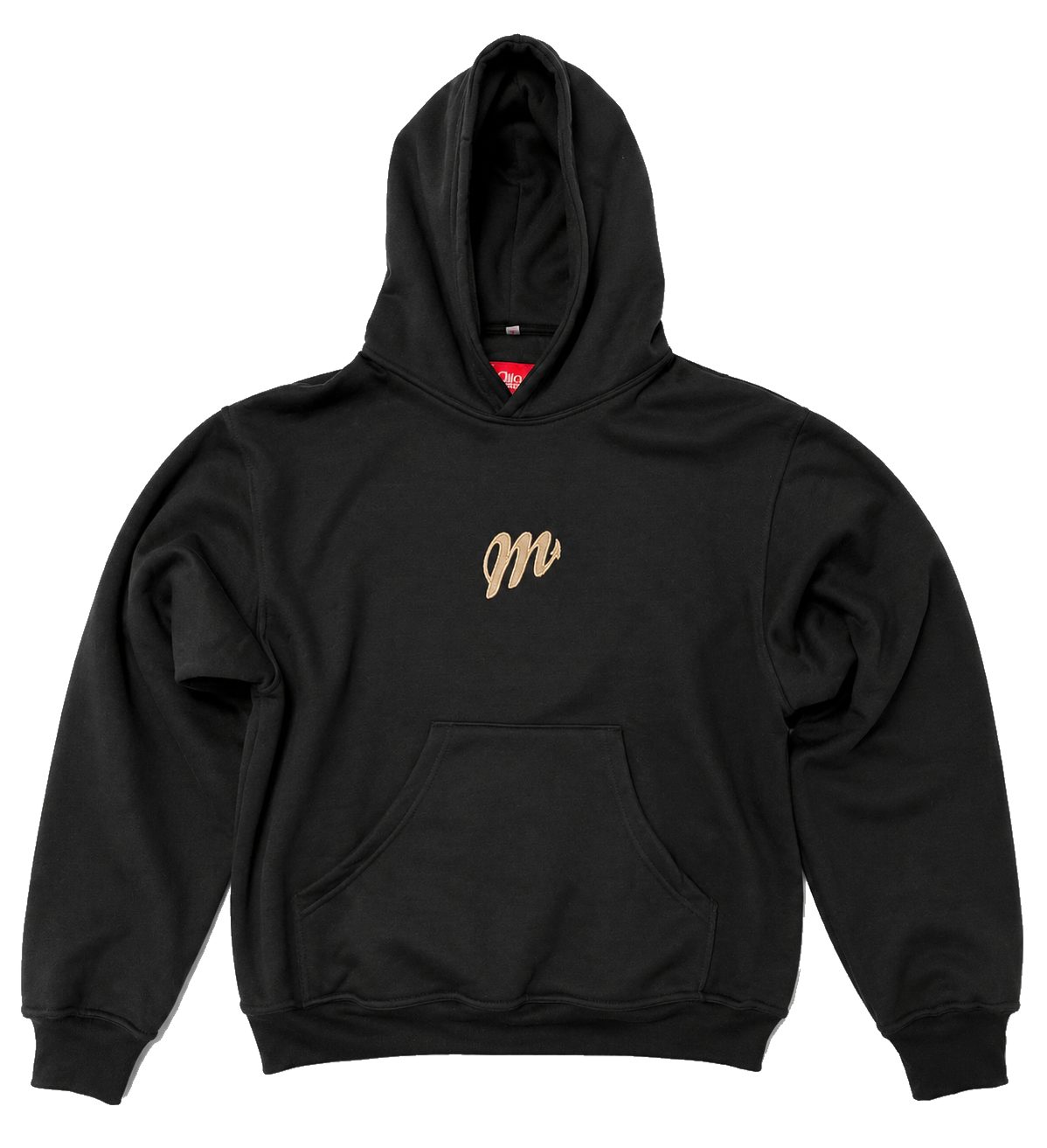 Ramoncito Hoodie negra, vista frontal con capucha y bolsillo canguro. Fondo blanco.